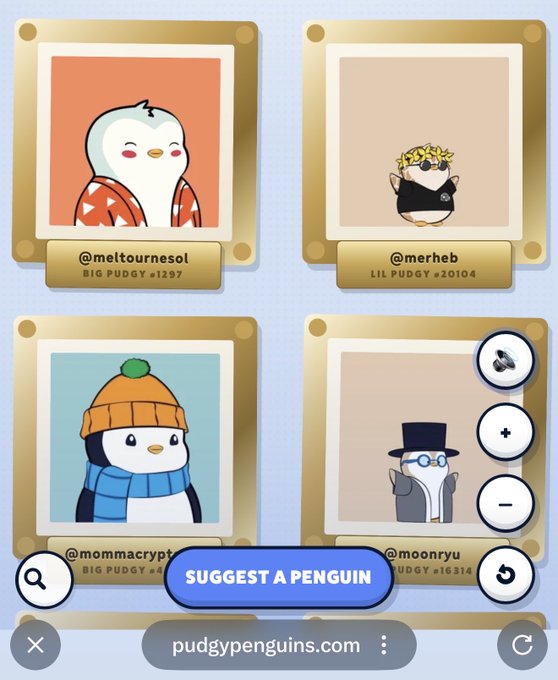 The image shows a webpage from pudgypenguins.com displaying four penguin NFT profile cards (@meltournesol/Big Pudgy #1297, @merheb/Lil Pudgy #20104, @mommacrypt, and @moonyru/Big Pudgy #16314) with a "Suggest a Penguin" button. This relates to the post as the user is celebrating their pride and identity within the Pudgy Penguins NFT community, likely having changed their penguin profile picture to honor @missastro_eth.