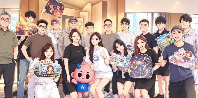 An illustrated group photo of numerous people, likely a company or event staff, holding merchandise and standing around a small blue character mascot.