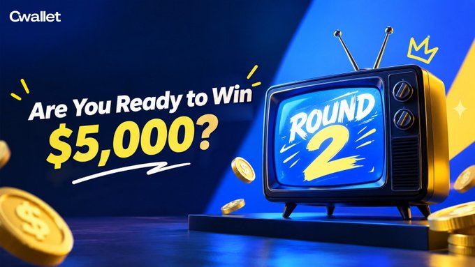 A promotional graphic featuring a retro TV displaying 'ROUND 2' alongside the text 'Cwallet' and 'Are You Ready to Win $5,000?' set against a blue and yellow background with gold coins.