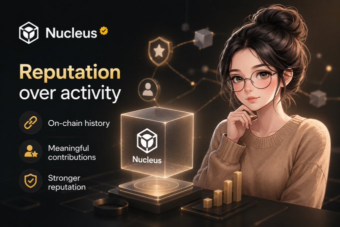 A promotional graphic for 'Nucleus' highlighting 'Reputation over activity' with features like 'On-chain history,' 'Meaningful contributions,' and 'Stronger reputation,' showing an illustrated woman with glasses beside a glowing cube.