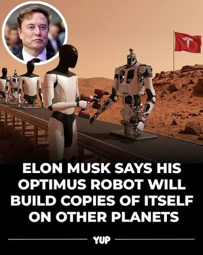 A graphic showing Elon Musk's face above an image of humanoid robots on a Mars-like landscape with a Tesla flag, captioned 'ELON MUSK SAYS HIS OPTIMUS ROBOT WILL BUILD COPIES OF ITSELF ON OTHER PLANETS'.