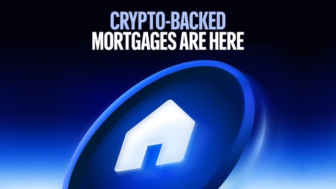 The image features a blue circle with a white house symbol inside of it. Below the circle, there's text that reads "Crypto-backed mortgages are here". This suggests that cryptocurrency has been used as a means for mortgages, which is an interesting development in the financial world.