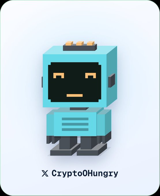 A pixel art NFT-style illustration of a teal-colored robot character with 'X Crypto0Hungry' displayed beneath it.