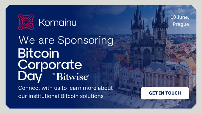 The image features a blue banner with white text that reads "Komainu We are supporting Bitcoin Corporate Day as a Gold Partner. Taking place on 10 June, this invite-only event brings together an intimate group of senior decision-makers". The image also includes a photo of a city skyline and the words "focus on what is in the image and how it relates to the post" written below the banner.