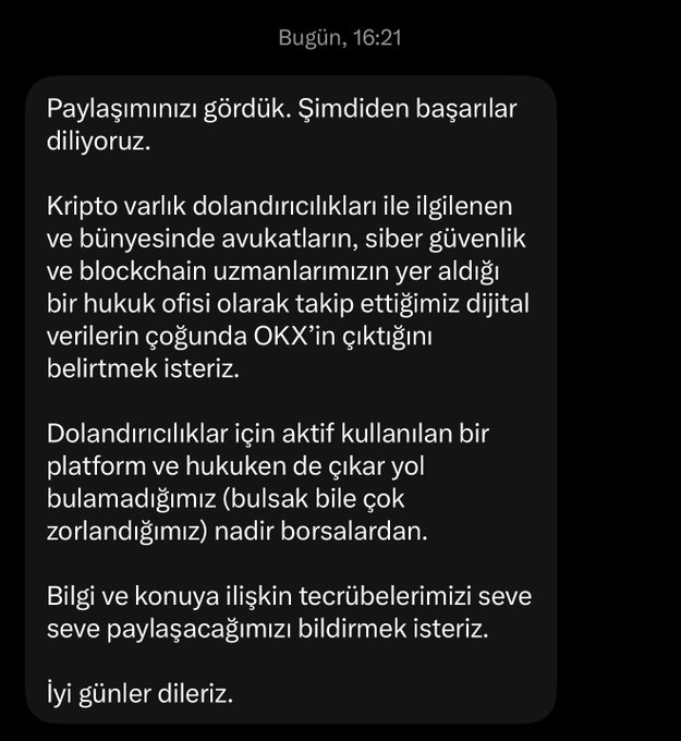 A screenshot of a Turkish text message from a law firm (received at 16:21) congratulating the recipient and stating that, as a legal office specializing in cryptocurrency fraud cases with cybersecurity and blockchain experts, they frequently find that OKX is a platform commonly used for scams and from which legal remedies are rarely possible. The image contrasts the firm's dismissive, self-promotional response with the user's stated intent to compile a comprehensive report for state institutions, pointing out that OKX and OKX TR's transfer channels remain open while other Turkish exchanges cooperate against illegal betting.