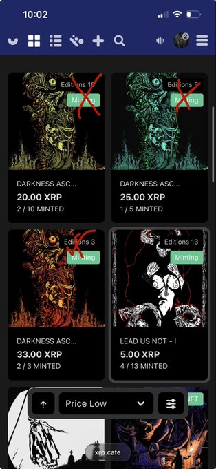 A mobile app screenshot showing an NFT marketplace grid with dark fantasy artwork listings priced in XRP, including items labeled 'DARKNESS ASC...' at 20.00, 25.00, and 33.00 XRP, and 'LEAD US NOT - I' at 5.00 XRP, with red 'X' marks drawn over 'Minting' badges and a 'Price Low' filter at the bottom.