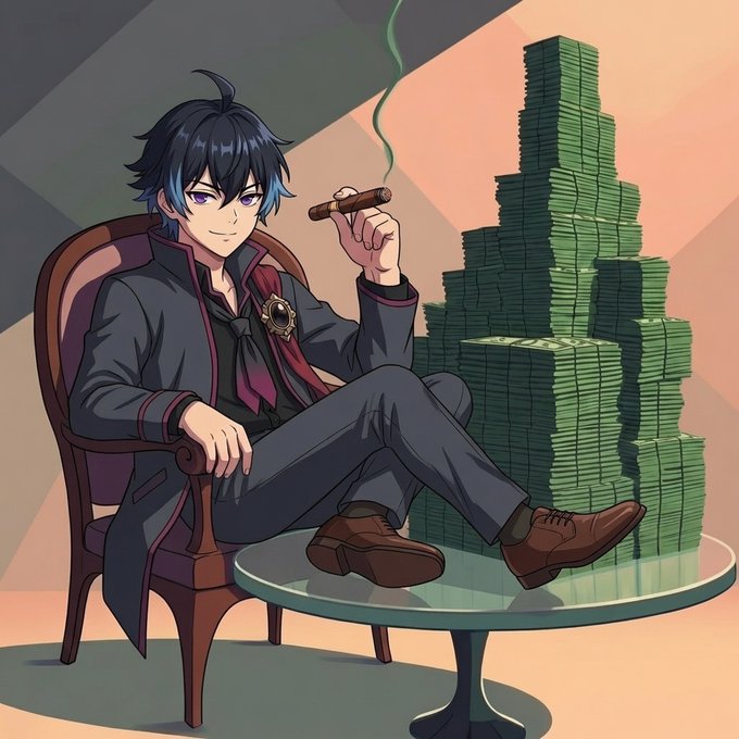 An anime-style illustration depicts a man with black and blue hair smoking a cigar while seated in a chair, with a large stack of cash piles beside him and his feet resting on a glass table.