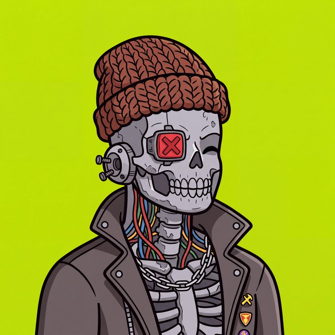 A cartoon illustration of a cyborg skeleton wearing a brown beanie, a leather jacket, and an eye patch with a red X symbol on a neon green background.