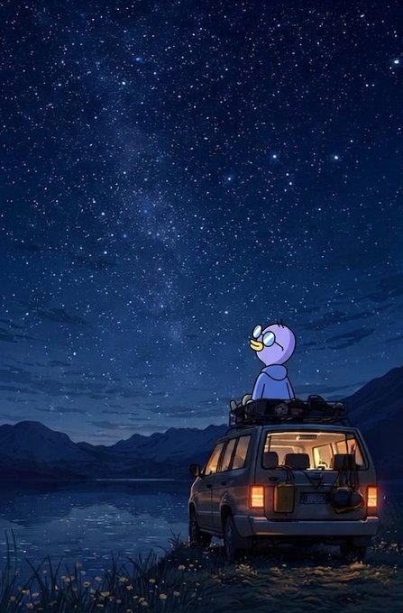 The image features a cartoon duck sitting atop an SUV parked near a body of water at night with stars visible in the sky above them. The scene appears to be set in a mountainous area, creating a serene atmosphere for the duck's nighttime adventure.