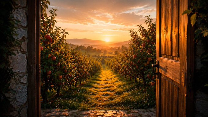 A wooden door opens to reveal an apple orchard at sunset, with a sunlit path leading between rows of trees heavy with fruit toward distant rolling hills. The image of an orchard "growing" into something promising mirrors the post's theme of $SEED starting to blossom as an emerging play on Robinhood, with the open doorway symbolizing an opportunity worth watching unfold.