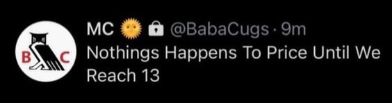 The image shows a black and white photo of an owl logo, which is part of a social media post by Babbage Cugs. The post contains text that reads "Nothing happens to price until we Reach 13", indicating that the content has been shared on social media platforms for at least 13 minutes.