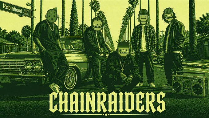 A green-tinted promotional-style image for the electronic music duo 'CHAINRAIDERS' (styled like The Chainsmokers), showing five people wearing pixelated masks posing around a classic lowrider car with a boombox and a 'Robinhood' sign.