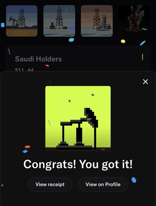 A mobile app screen showing a successful purchase notification with "Congrats! You got it!" text, featuring a pixel art image of an oil pump in a green landscape, with options to "View receipt" or "View on Profile."
