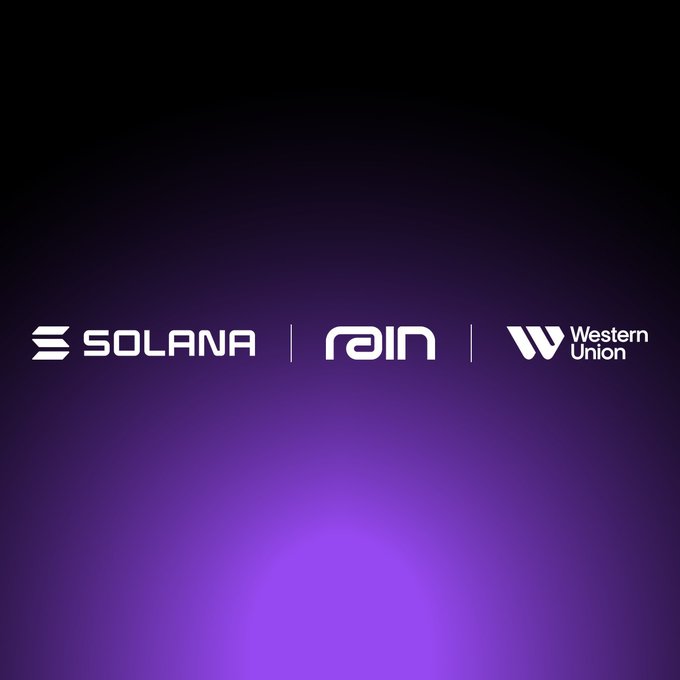 The image displays logos for Solana, Rain, and Western Union against a purple gradient background, visually representing the partnership between the three companies behind the launch of Western Union's new Stablecard—a Solana-based Visa debit card powered by Rain.