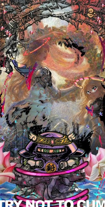 A surreal digital art collage featuring a crowned frog-like creature, distorted faces, Christmas lights, and a girl on a swing, with the partial text 'TRY NOT TO CLIM' at the bottom.
