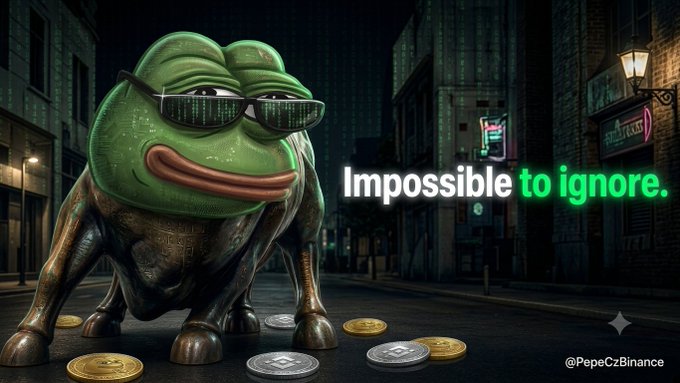 A stylized green Pepe the Frog character wearing sunglasses, sitting on a dark street surrounded by scattered crypto coins, with the text 'Impossible to ignore.' and watermark '@PepeCzBinance'.