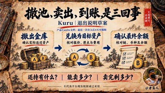 A Chinese-language infographic titled '撤池、卖出、到账，是三回事' (Kuru/Exit Guide) explaining three steps: withdrawing from vault, swapping to target asset, and confirming final balance, with a note saying it doesn't represent existing platform buttons.