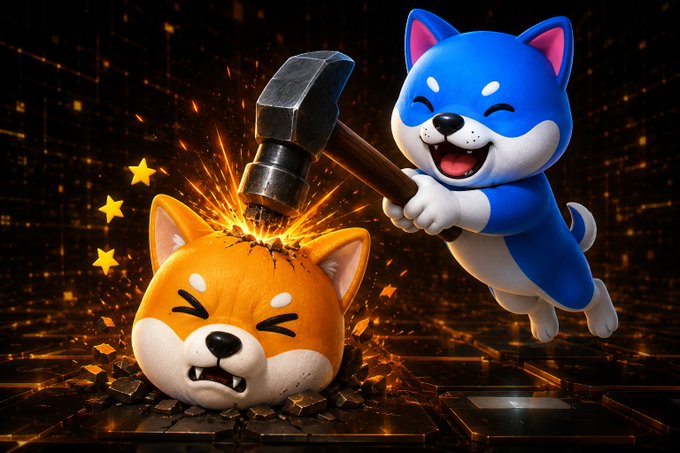 A cartoon illustration shows a blue dog character wielding a large hammer and striking an orange dog character on the head, with stars and debris flying from the impact against a dark, dramatic background.