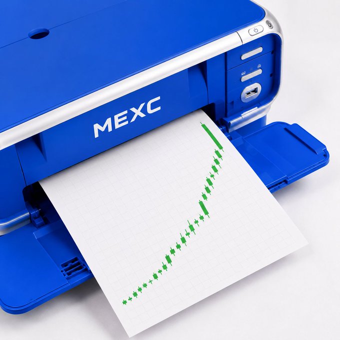 A blue portable printer branded 'MEXC' prints a sheet of graph paper displaying an upward-trending green candlestick chart.