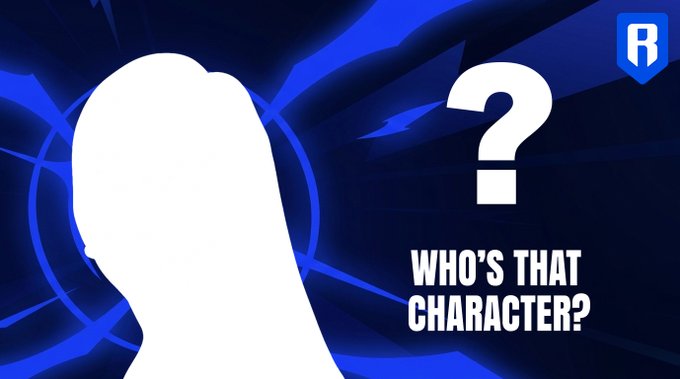 A blue and black graphic featuring a white silhouette of a character's head and shoulders alongside a large question mark, with the text "WHO'S THAT CHARACTER?" in white, and an "R" logo in the top right corner. The image visually matches the caption by presenting a mystery character silhouette for viewers to guess.