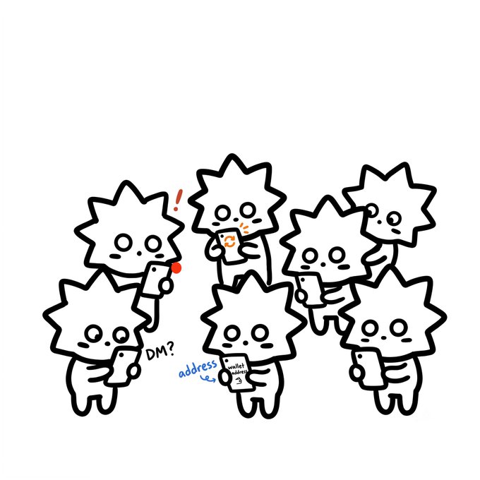 A cartoon illustration of seven spiky-haired characters gathered together, with one holding up a phone showing an "address" screen, while another asks "DM?" with a surprised expression.