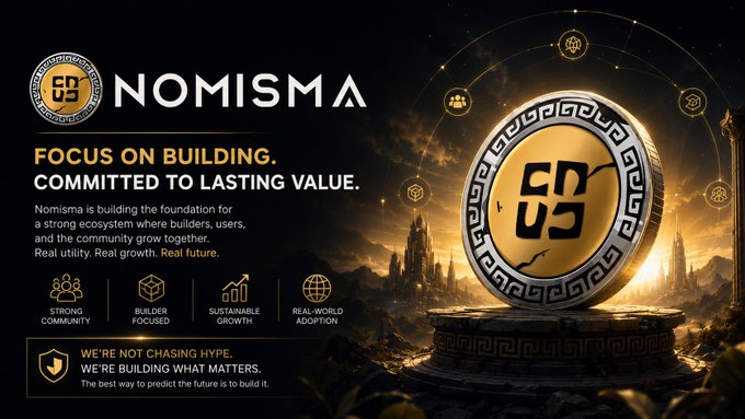A promotional banner for 'NOMISMA' cryptocurrency featuring a large golden coin with ancient-style engravings, emphasizing 'FOCUS ON BUILDING. COMMITTED TO LASTING VALUE.' with icons for strong community and sustainable growth.