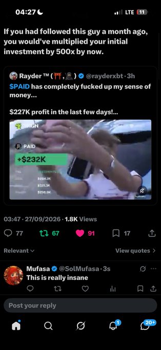 A Twitter/X post by @rayderxbt showing a video of someone celebrating a massive profit, with text claiming "$PAID has completely fucked up my sense of money... $227K profit in the last few days!" and a smaller green text reading "+$232K".