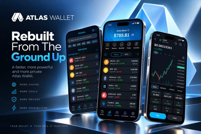 An advertisement for 'ATLAS WALLET' shows three smartphone screens displaying cryptocurrency market data, with text reading 'Rebuilt From The Ground Up' and 'A faster, more powerful and more private Atlas Wallet.'