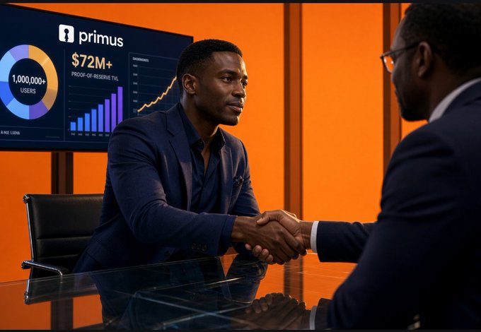 Two men in business suits shaking hands across a glass conference table in a modern office with an orange backdrop and a screen displaying 'primus' branding with $72M+ proof-of-reserve and 1,000,000+ users.