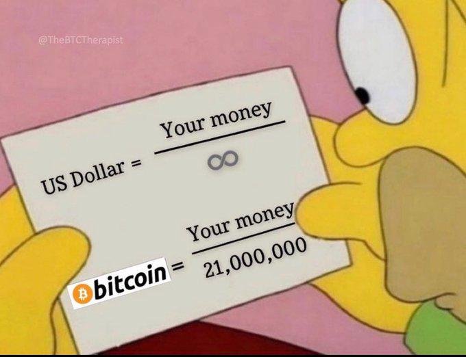 Homer Simpson's "US Dollar = Your money ∞" meme is edited to show "Bitcoin = Your money 21,000,000," humorously illustrating the post's "Spend fiat. Stack bitcoin." message by suggesting Bitcoin's value could theoretically limitless while fiat becomes worthless.