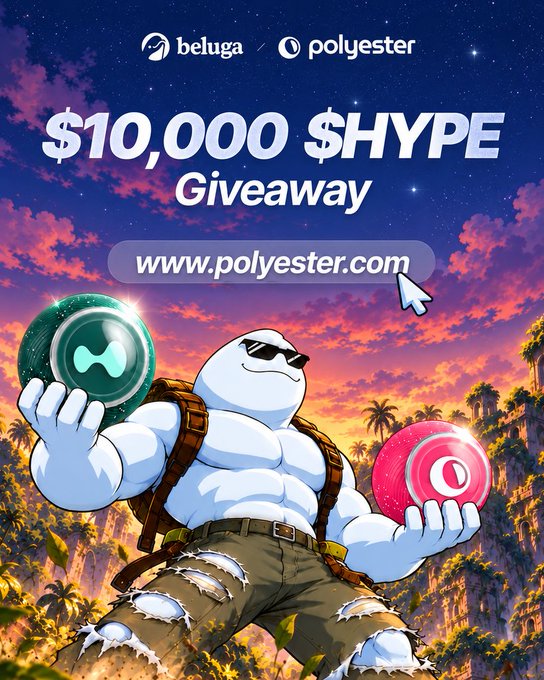 Beluga × Polyester '$10,000 $HYPE Giveaway' promotional graphic featuring a muscular cartoon character holding cryptocurrency coins against a tropical sunset background.