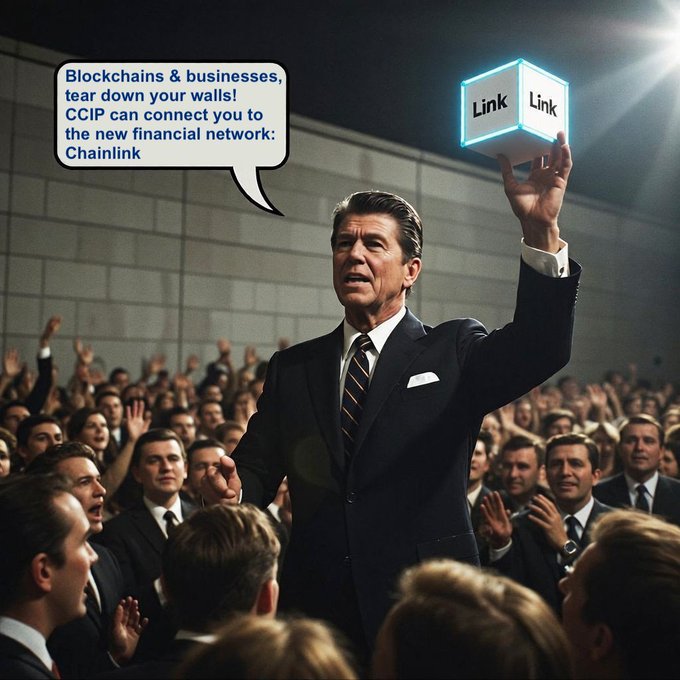 An AI-generated image of Ronald Reagan holding up a glowing cube labeled 'Link', with a speech bubble promoting Chainlink and CCIP as a new financial network connecting blockchains and businesses.