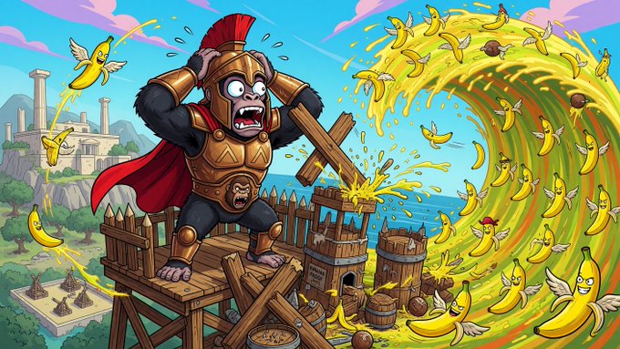 A cartoon illustration of a panicked gorilla warrior in Roman-style armor standing on a wooden fortress tower, surrounded by flying bananas with wings and a giant banana wave.