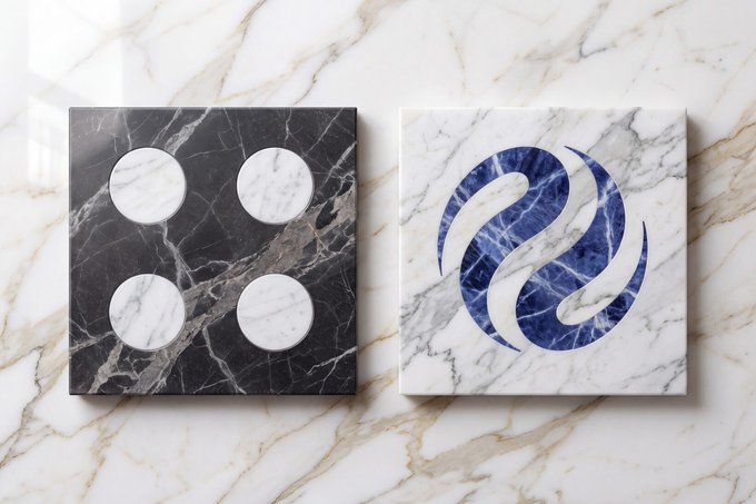 Two marble tiles rest on a marble surface: a dark one with four white marble circles and a white one featuring a blue circular logo.