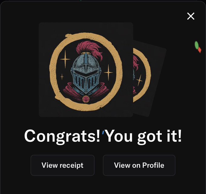 A digital rewards screen displaying "Congrats! You got it!" over a graphic of a knight's helmet with a pink plume, with buttons for "View receipt" and "View on Profile".
