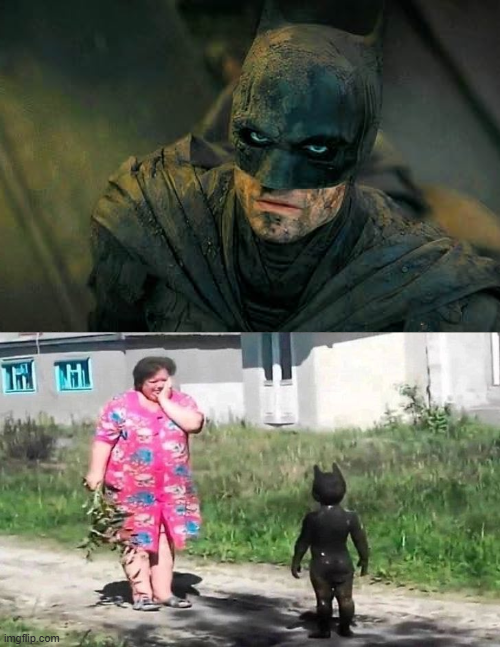 A meme image combining a close-up of Batman's face from a movie with a lower photo of a person in a pink outfit standing next to a small Batman figure outdoors, watermarked 'imgflip.com'.