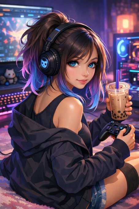 An anime-style girl with purple and blue gradient hair, wearing headphones with a cat logo, holds a controller and bubble tea while sitting in front of gaming monitors.
