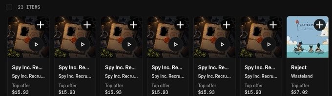 The image shows a game inventory screen displaying 23 items, featuring six identical "Spy Inc. Re..." NFT top offers priced at $15.93 each, alongside one distinct "Reject - Wasteland" NFT listed at $27.02. This corresponds to the post about minting 6 Spies in the SpyInc GameFi game on RobinhoodCrypto, with the Wasteland item likely being a separate acquisition.