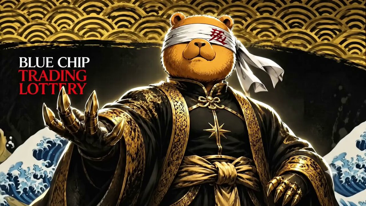 The image features a cartoon bear dressed as a king, holding a scroll with the words "Blue Chip Trading Lottery" written on it. The bear appears to be wearing a robe and a headdress, giving him an air of authority and majesty. In the background, there are waves that add to the overall atmosphere of the scene.