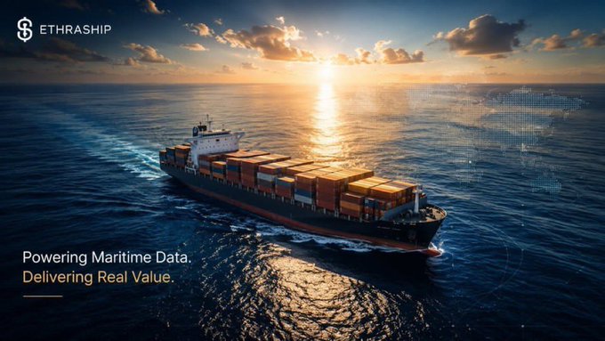 An advertisement showing a container ship sailing on the ocean at sunset, with text reading 'ETHRASHIP', 'Powering Maritime Data.', and 'Delivering Real Value.'