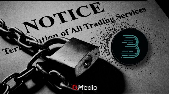 An image showing a metal padlock and chain on a document titled 'NOTICE Termination of All Trading Services' with a stylized 'B' logo, branded with QMedia.
