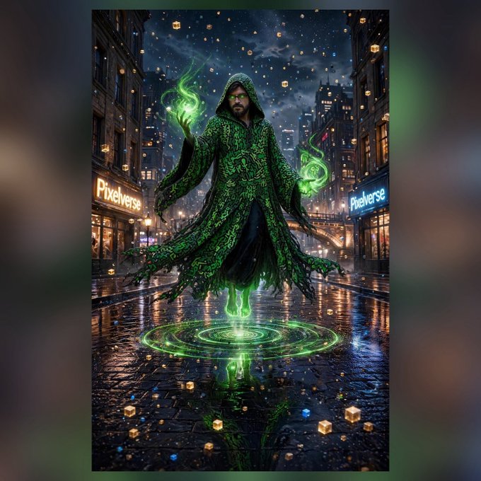 A hooded figure in an ornate green robe conjures glowing emerald magic above a neon rune circle in a rain-slicked cyberpunk city, with storefronts labeled "Pixelverse" visible on either side of the street.

The "Let's gooooo!!!" caption captures the sorcerer's triumphant, action-ready pose as he channels powerful magic, fitting the electrifying, hype-filled tone of the image.