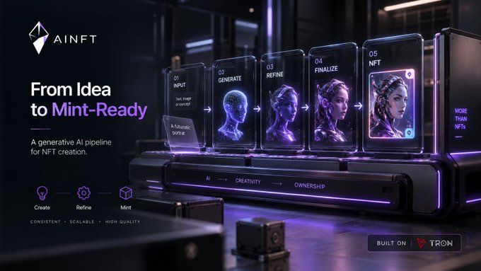 A promotional graphic for AINFT featuring the tagline 'From Idea to Mint-Ready' and 'A generative AI pipeline for NFT creation,' showing a 5-step process (Input, Generate, Refine, Finalize, NFT) and noting it is 'BUILT ON TRON.'