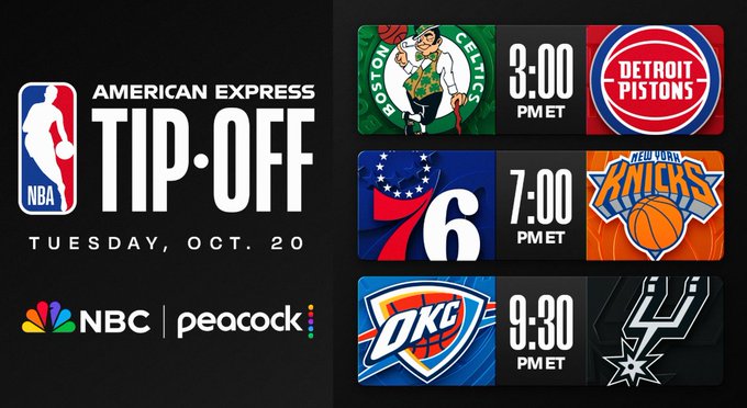 An 'AMERICAN EXPRESS TIP-OFF' NBA schedule graphic for Tuesday, Oct. 20 on NBC and Peacock, showing games: Boston Celtics vs. Detroit Pistons at 3:00 PM ET, Philadelphia 76ers vs. New York Knicks at 7:00 PM ET, and OKC Thunder vs. San Antonio Spurs at 9:30 PM ET.