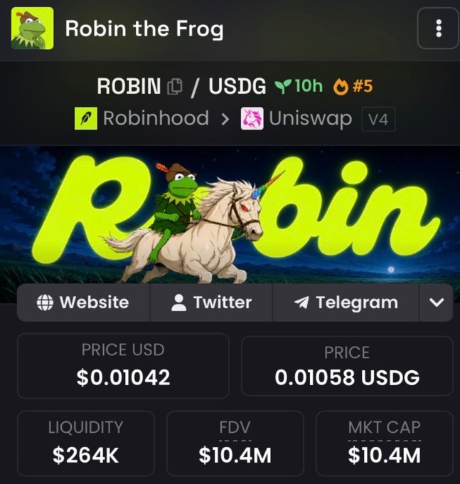 This image shows the cryptocurrency $ROBIN, also known as Robin the Frog, on Uniswap with a current market cap of $10.4M. The accompanying post is a bold prediction of massive growth for this token.