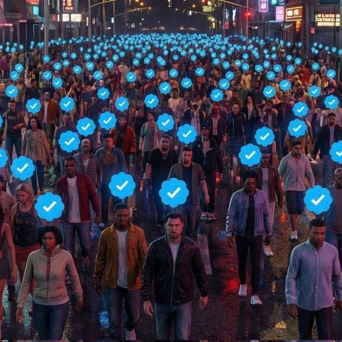 A large crowd walks down a neon-lit city street at night, with glowing blue checkmark icons floating above nearly every person, symbolizing verified or active social media users. The image reinforces the post's message about expanding reach—visually demonstrating how appearing in front of a massive, engaged audience can quickly grow your follower base to 200 or beyond.