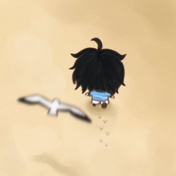 A small animated chibi-style character with black hair walks across a sandy background, leaving small paw prints near a bone-like object.