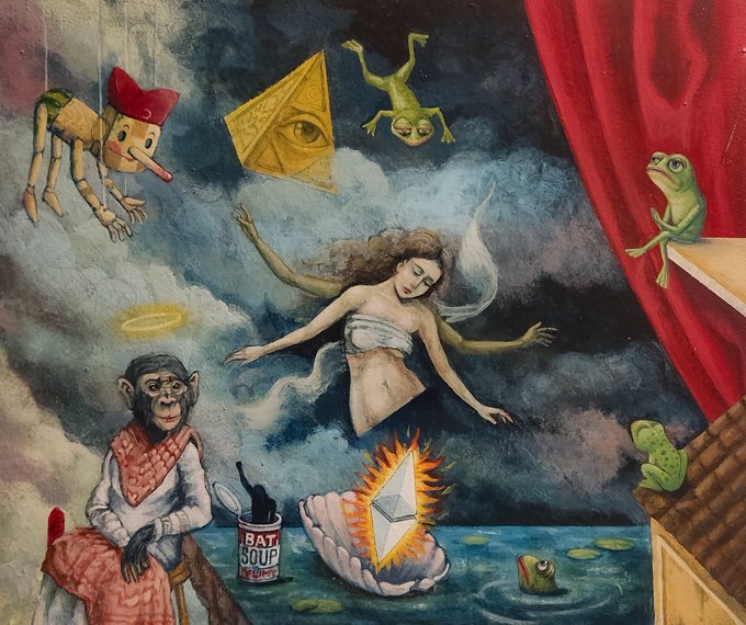 The painting depicts a woman with long hair, surrounded by various objects such as a monkey, frog, and a can of oil paint. The scene also includes a large red curtain and a green frog sitting on top of a roof. The painting is titled "Etherea's realm" and features a mix of mythology and memes elements.