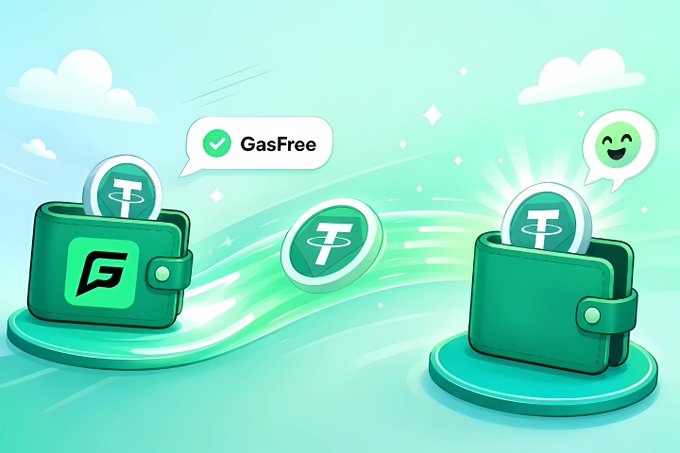 A promotional graphic for 'GasFree' showing green wallets with Tether (USDT) coins and a happy emoji, illustrating a gas-free crypto transaction service.