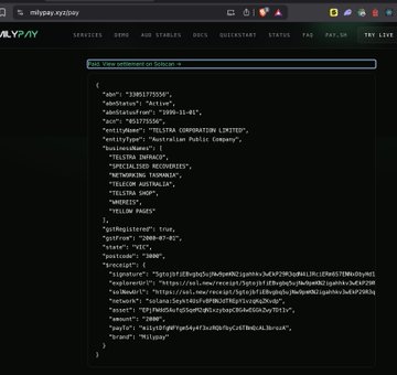 A screenshot of a Vultray dashboard displaying JSON data related to an Australian Public Company called 'TELSTRA CORPORATION LIMITED'.